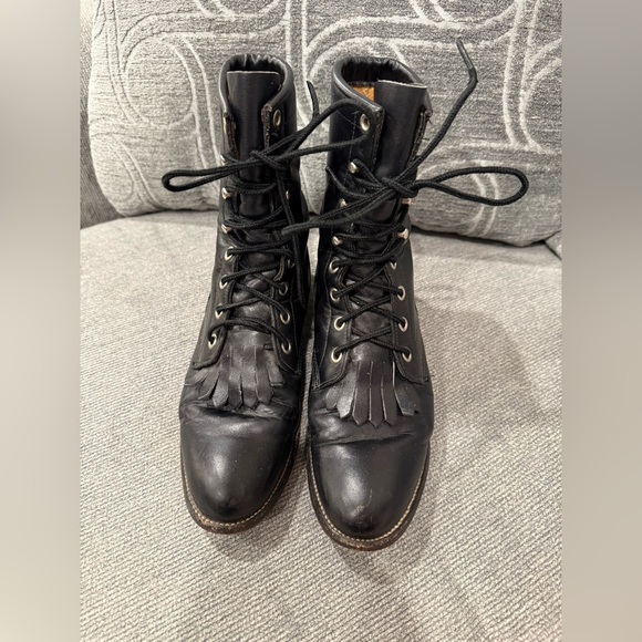 Justin Boots Shoes - Justin Womens Kiltie Lace Up Boots Size 6 Black Leather Western Fringe Vintage